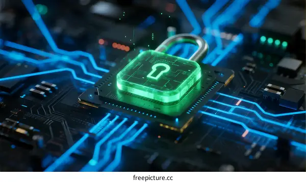 Secure Circuit Board with Green Lock Symbol in Technology