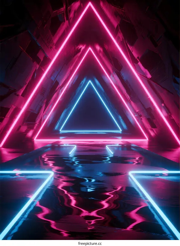 Neon-lit Triangular Tunnels with Reflective Water Surfaces