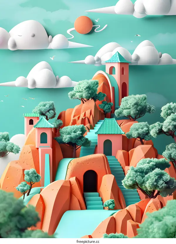 3D Illustration of a Fantasy Landscape with Pink Towers and Green Trees