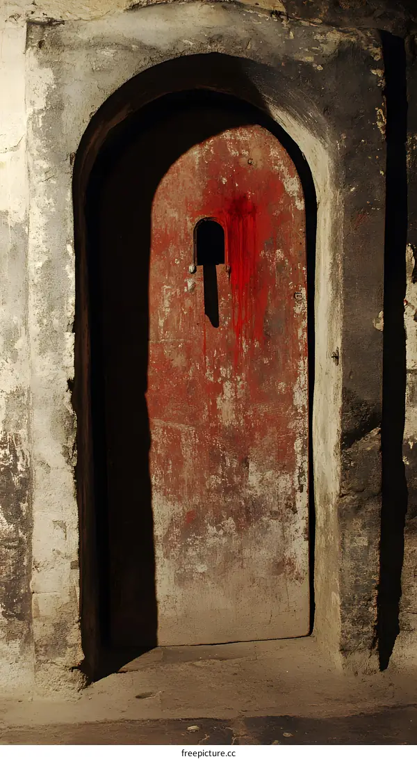 Old Red Doorway With Keyhole And Blood Stains