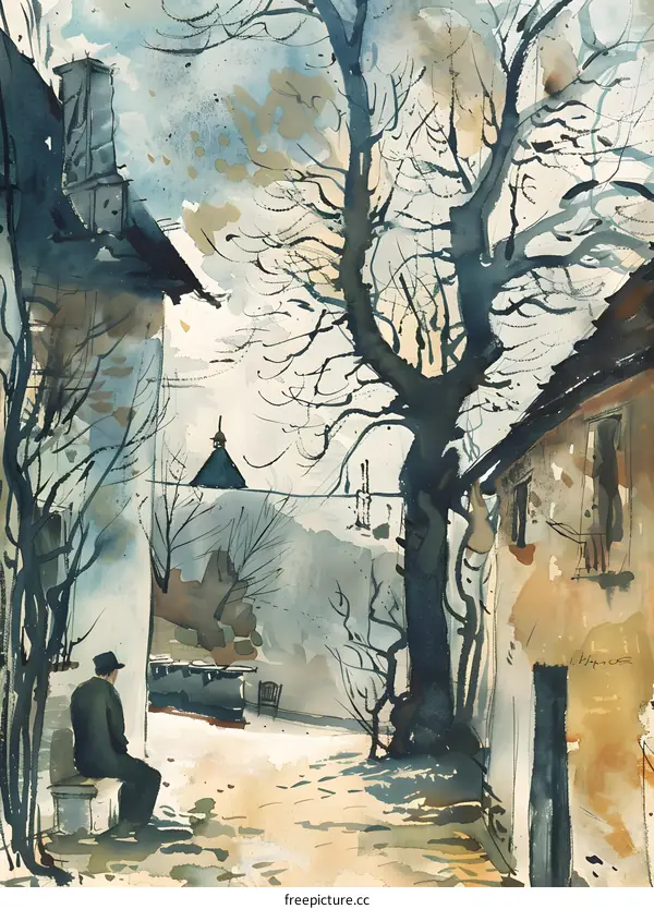 Watercolor Painting of a Man Sitting in a Courtyard with Trees and Buildings