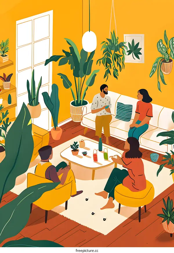 Group of Friends Relaxing in a Cozy Living Room Filled With Plants