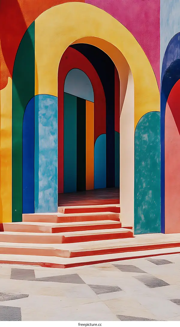 Colorful Architecture with Arched Entrance and Steps