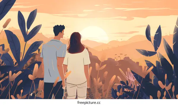 Couple Watching Sunset Over Hills Illustration