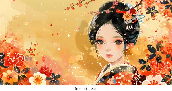 An illustration of a beautiful Japanese woman in a kimono with red and orange flowers in her hair and a traditional Japanese hairstyle.