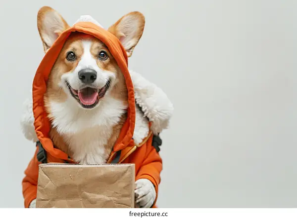 A happy corgi dog wearing an orange winter coat and a matching hat is holding a cardboard box in its paws. The dog is standing on a white background and looking at the camera with a happy expression.