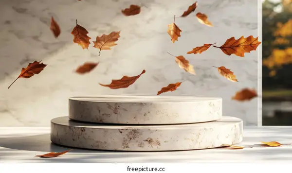 Autumn Leaves Displaying on Marble Podium