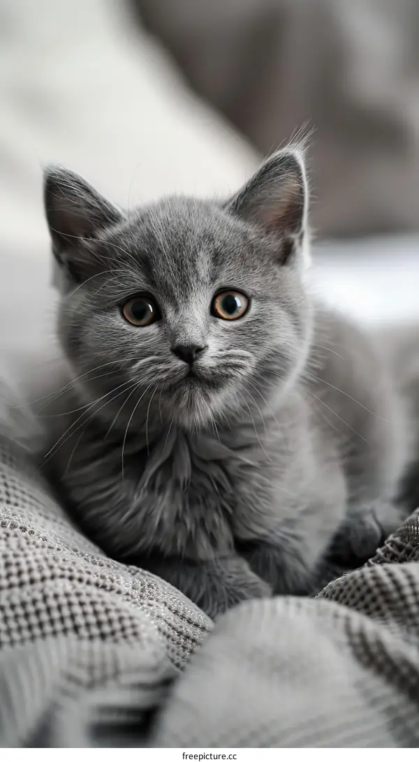 A cute gray kitten is sitting on a gray blanket and looking at the camera.