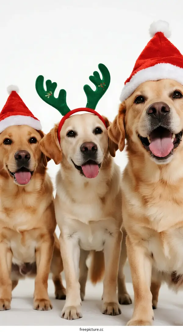 Three Golden Retrievers Wearing Santa Hats and Reindeer Antlers