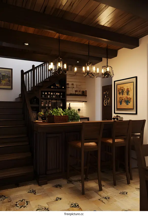 Rustic Kitchen Design With Wooden Bar And Stairs