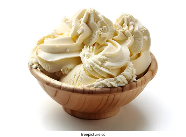 Vanilla ice cream in a wooden bowl