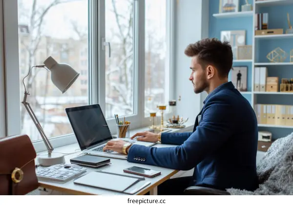 Young businessman working on laptop in home office