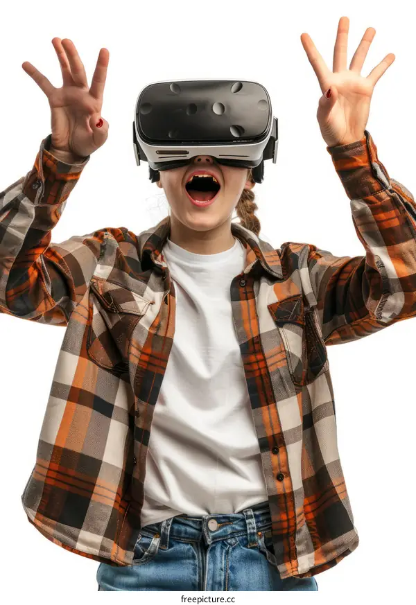 Excited teenage girl wearing virtual reality headset