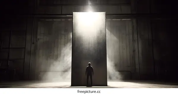 Man Standing In Front Of Concrete Wall With Light Shining Down