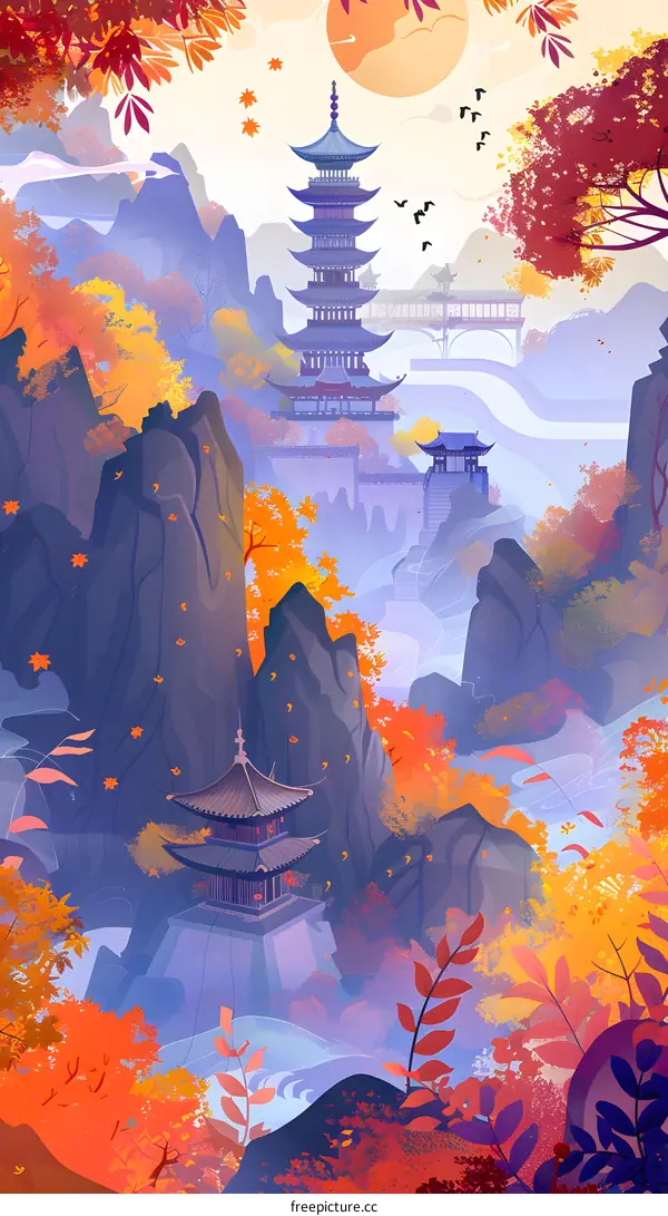 Chinese Style Illustration With Pagoda and Mountains in Autumn