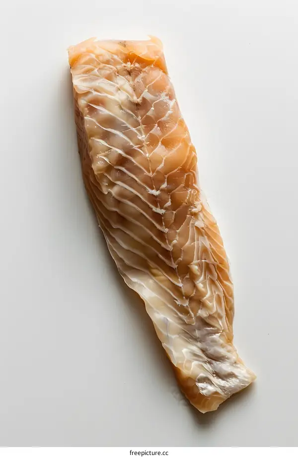 A raw piece of fish fillet on a white background