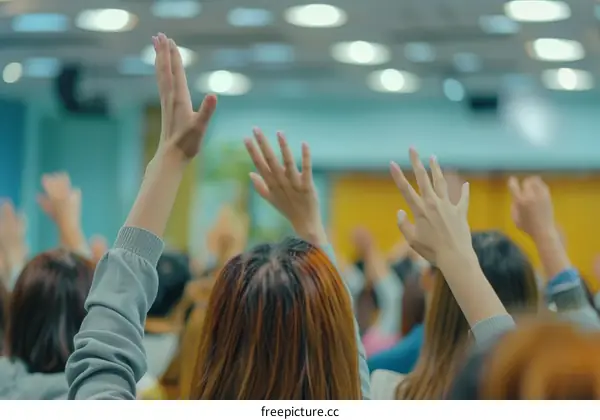 A group of people are raising their hands in a classroom