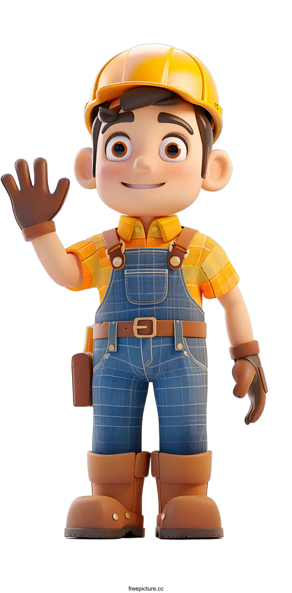 [Transparent Background PNG]3D Cartoon Construction Worker Waving