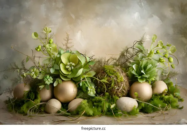 Gold Eggs and Green Flowers in a Nest