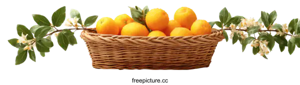 [Transparent Background PNG]Fresh Oranges in a Wicker Basket with Branches