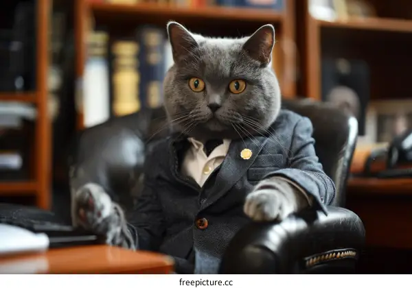 A gray cat wearing a suit and tie is sitting in a leather chair in an office.