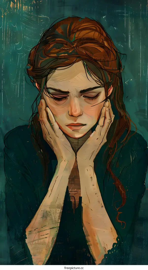 Portrait of a young woman with red hair and green eyes, wearing a dark green dress with a white collar. She is holding her face in her hands and looking down with a sad expression.