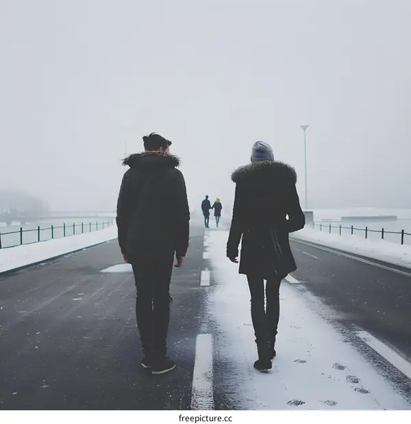 Couple Walking Away On Snowy Road
