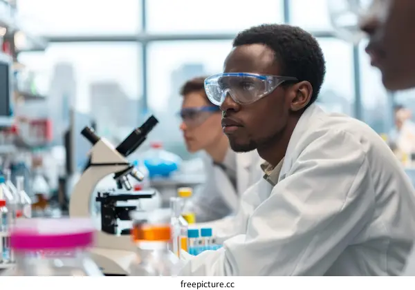 Scientist wearing protective eyewear conducts an experiment in a laboratory