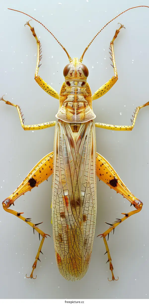A yellow and brown grasshopper on a white background