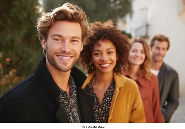 Group of young friends standing outdoors and smiling together