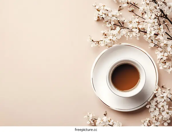 Coffee Cup With White Flowers On A Beige Background