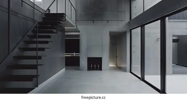 Modern Minimalist Concrete Interior Design With Black Metal Stairs