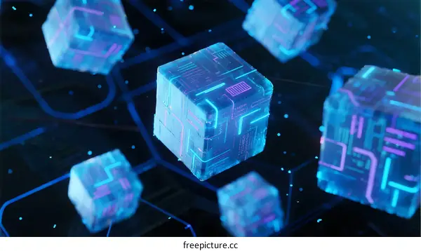 Futuristic Digital Cubes with Circuit Patterns in Network