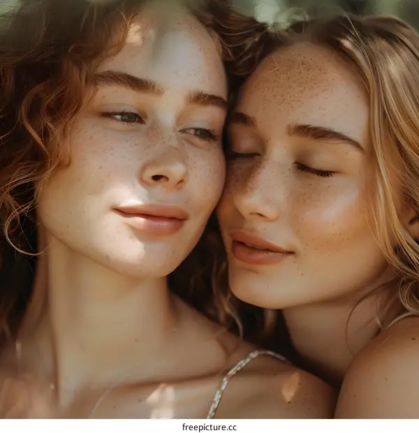 Two Young Women with Freckles Embracing