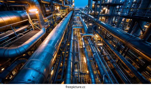 Intricate Web of Pipes and Walkways in an Industrial Setting