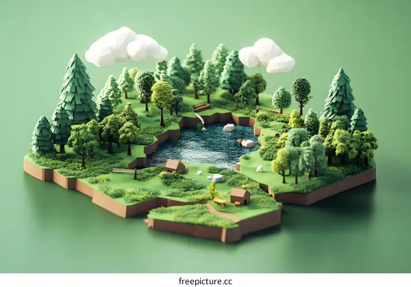 Low Poly Forest Scene With Lake And Clouds