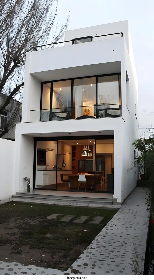 Modern Minimalist White House With Glass Windows and Stone Patio