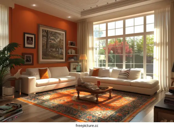 Classic Living Room with Orange Accents