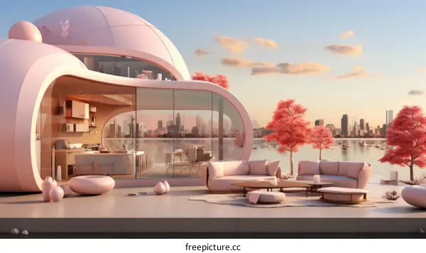 Pink Futuristic House by the Lake at Sunset