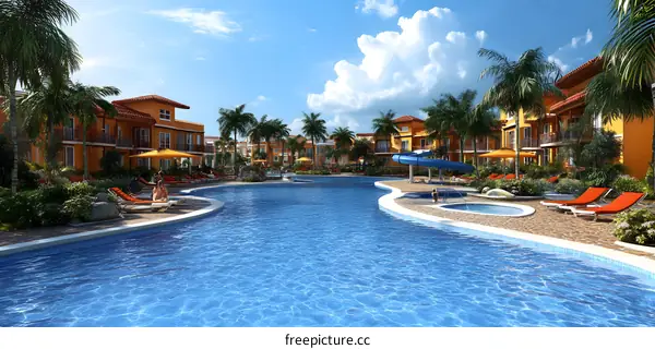 Tropical Resort Pool With Palm Trees And Buildings
