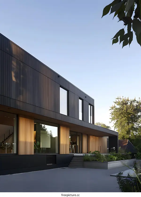 Modern House with Black Siding and Large Windows