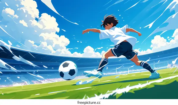 A boy is playing soccer in the stadium