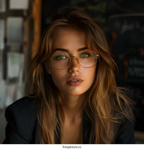 portrait of a beautiful young woman with green eyes and freckles wearing glasses