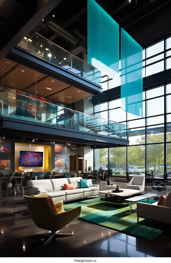 Modern Office Space: Colorful Design with Panoramic Windows and Ample Workspace
