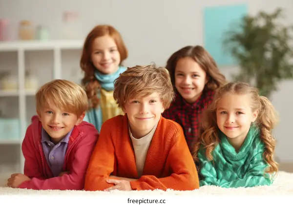 Happy Children Lying on Carpet
