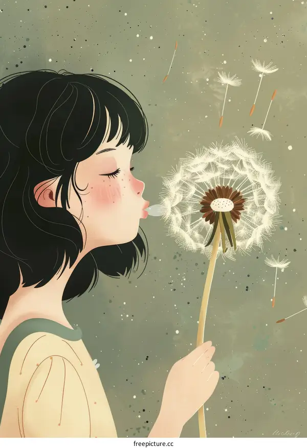 A girl is blowing a dandelion