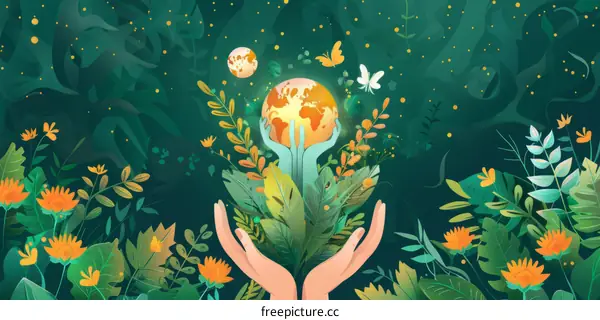 Hands Holding the Earth with Plants and Flowers