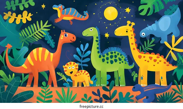 Cute Dinosaurs Illustration With Night Sky Background