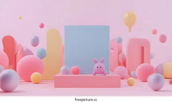 3D Rendered Pastel Pink and Blue Abstract Background with Bunny
