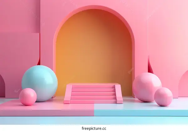 Pink Geometric Display Space with Colorful Balls